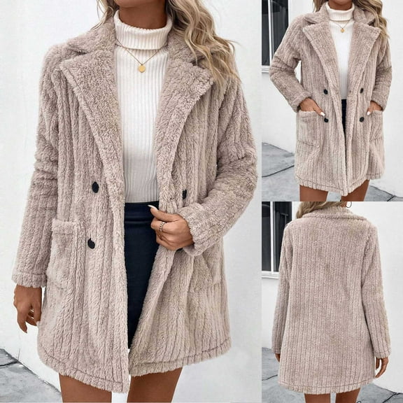Kaemgyyd Winter Coats for Women Trendy Fuzzy Fleece Long Sleeve Lapel Double Breasted Outwear Casual Warm Plush Jacket