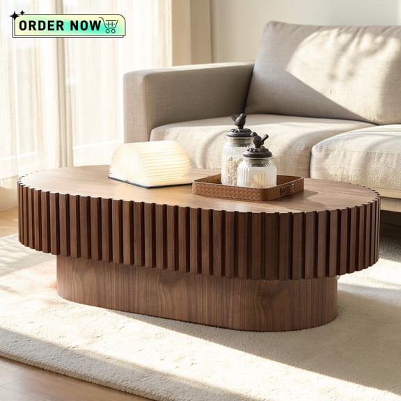 Tcbosik Farmhouse Coffee Table, 43.7 inch Cocktail Table, Oval Center Table for Living Room, Walnut