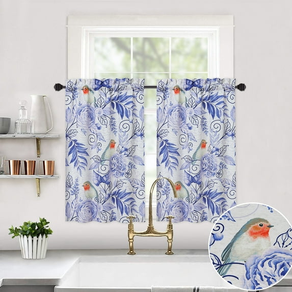 Haperlare Kitchen Curtain 26"W x 30"L Bird Leaves Printed Curtains for Bathroom Short Curtain Window Treatment for Bedroom and Living Room, Navy Blue, Set of 2