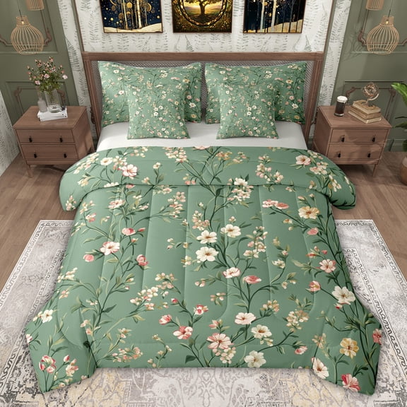 jejeloiu Cute Flowers Blossom 7-Piece Twin Bedding Sets,White Green Pink Bedding Comforter Set For Girls Teens Reversible
