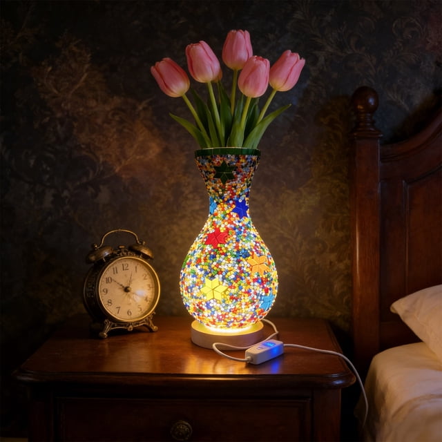 USB Glass Vase LED Night Light 13.77In Mediterranean Geometric Pattern 2 In 1 Vase Ambient Lamp 3 Level Dimming Flicker Light for Bedroom Bedside Living Room Homestay Housewarming Holiday Gift Decor