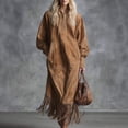 thumbnail image 2 of Women Western Brown Faux Suede Maxi Dress Half Zip Stand Collar Fringe Hem Cowgirl Long Dress with Side Pockets, 2 of 6