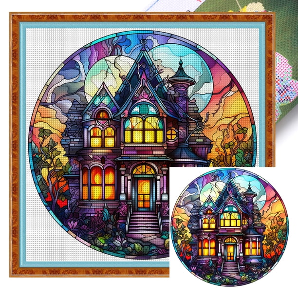 (3) Hilo algodón ecológico bordado 11CT 3 hebras impresión 40*40 cm Pintura vidrio-Kit serie navideña punto cruz castillo Halloween