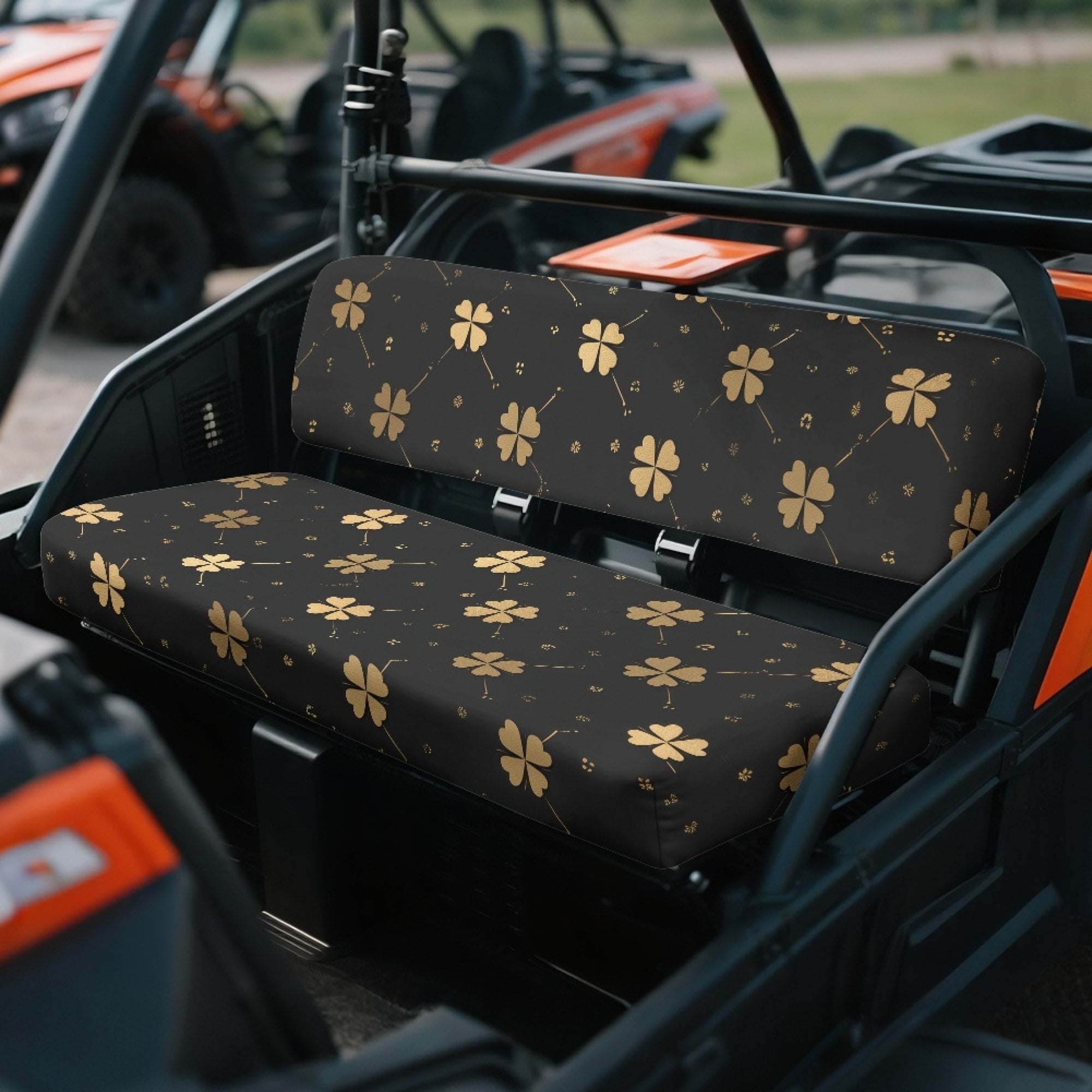 ZIATUBLES UTV Front Seat Covers 2-Piece Set, Compatible with Kawasaki Mule 3000 3010 3020, Wear-Resistant Polyester Replacement Protector, Black Clover Print St. Patrick's Day Decor Acccessory