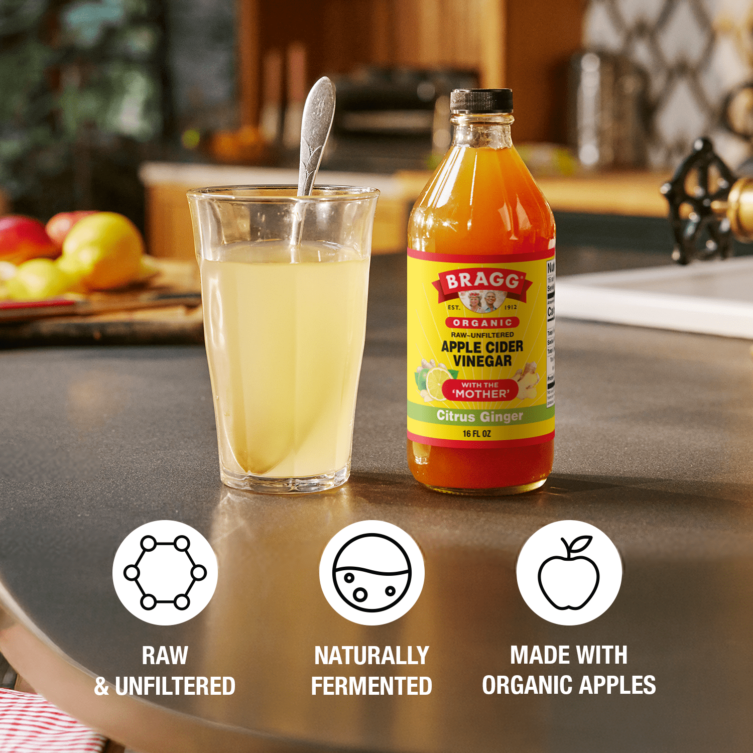 Bragg Organic Apple Cider Vinegar Citrus Ginger with The Mother, Raw and Unfiltered, 16 fl oz
