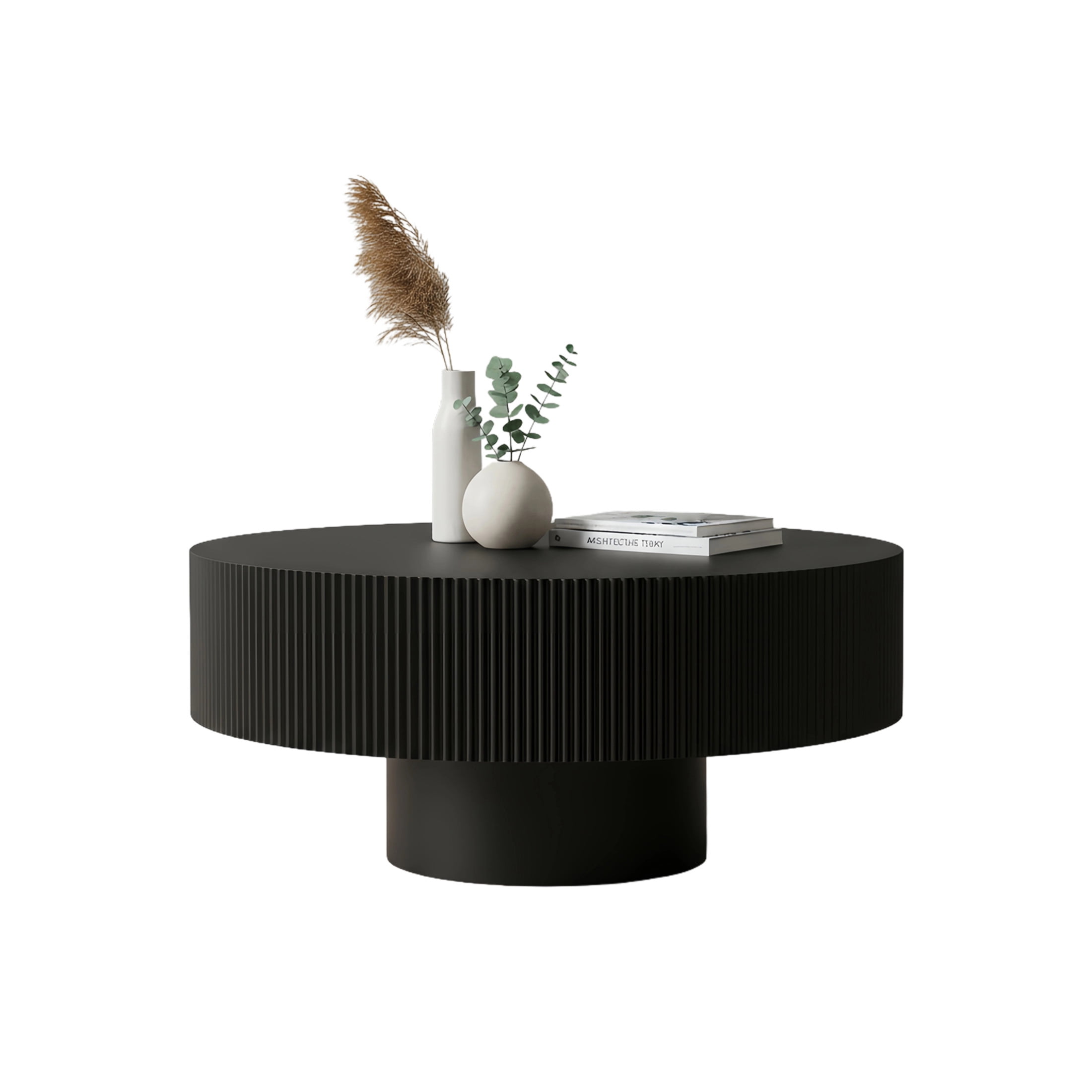 Noble House Round Fluted Coffee Table, Mid-Century Pedestal Center Table for Living Room, Bedroom, Terrace, Black