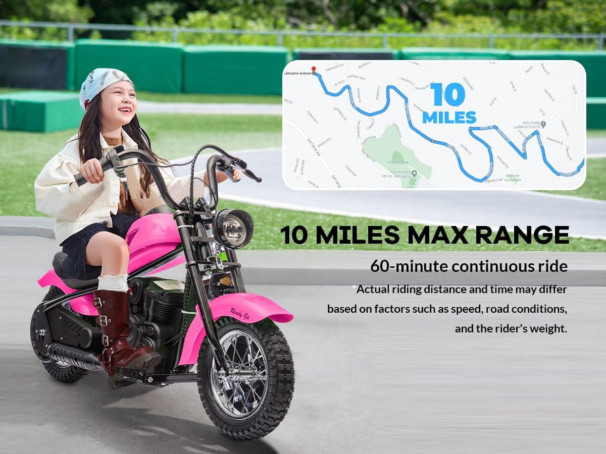 Hetoy Electric Dirt Bike, 15 Mph & 150lb Max, 24V Ride On Toy for Big Kids w/Led Lights & Power Display, 300W Chain-Driven Motor, Two Speed, Handbrake, Leather Seat, 12" Air-Filled Tires, Pink