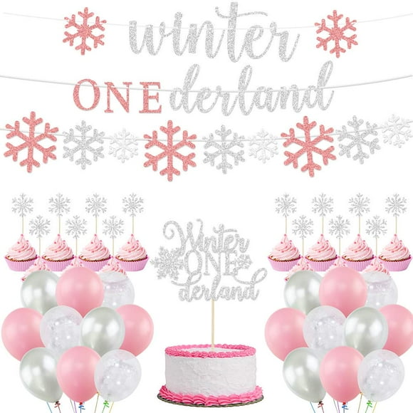 Winter Onederland Birthday Decorations Girl, Winter 1st Birthday Party Decoration, Banner, Cake Toppers, Pink Silver Snowflake Balloons for Winter Wonderland Baby Shower Winter First Birthday Party