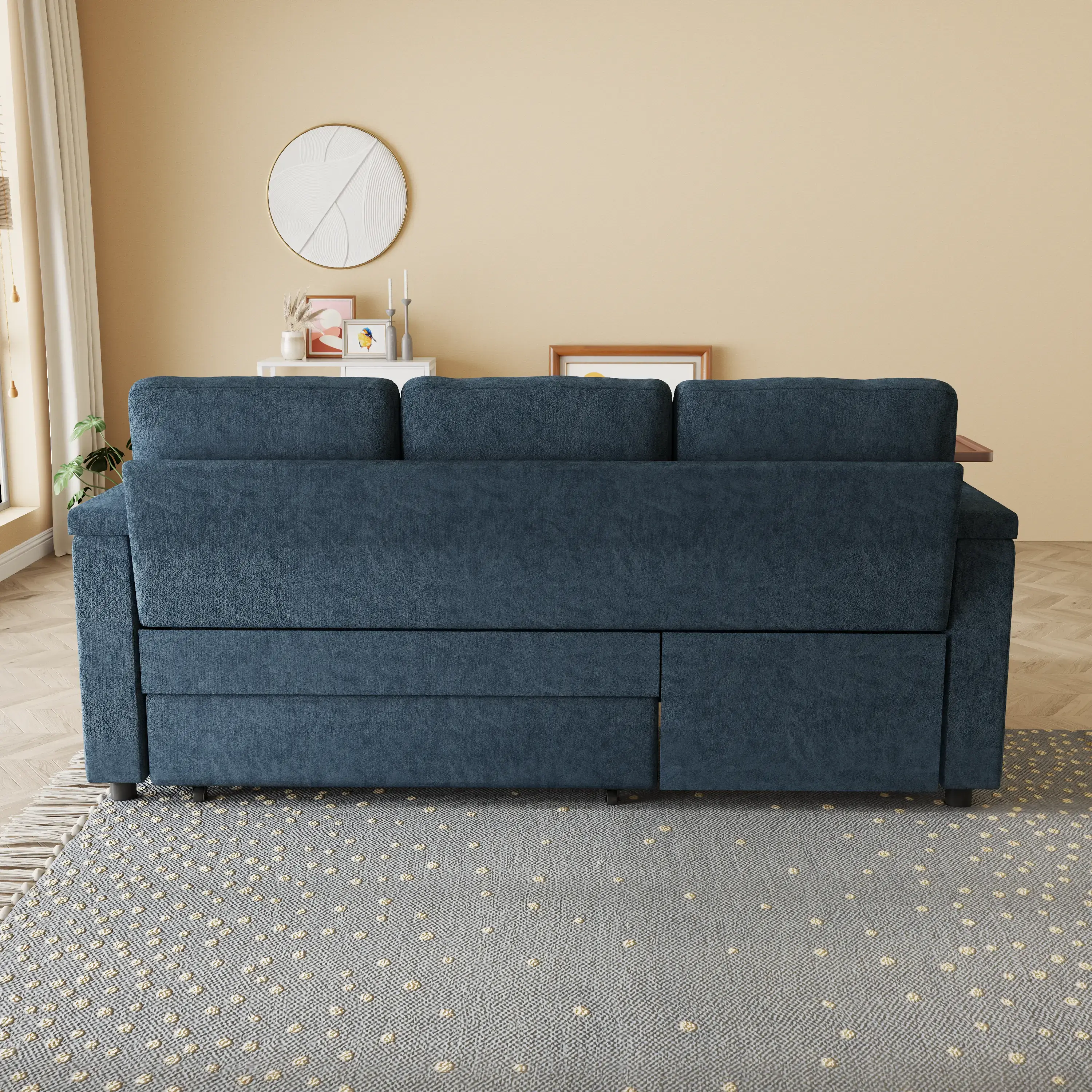 Aukfa 83" Convertible Sofa Bed, Chenille 3-Seater Pull-Out Sleeper Couch with Recliner, USB Port, Swivel Table & Storage Armrests,Blue