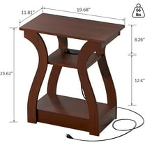 Cherry End Table with Charging Station, 3 Tier Storage Nightstand for Living Room Bedroom