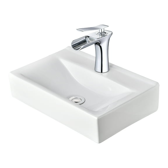 Aquaterior Wall Mount Ceramic Sink w/ Modern Bathroom Faucet Waterfall Spout