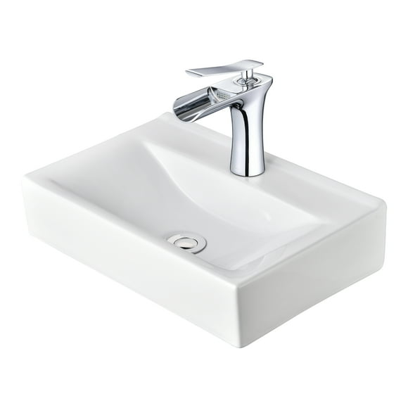 Aquaterior Wall Mount Ceramic Sink w/ Modern Bathroom Faucet Waterfall Spout