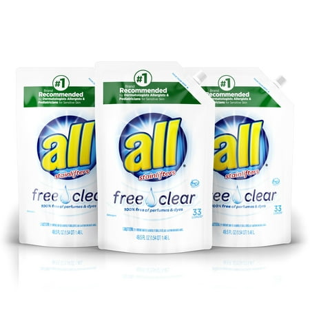 all Liquid Laundry Detergent Easy-Pouch, Free Clear for Sensitive Skin, 3 Count, 99 Total