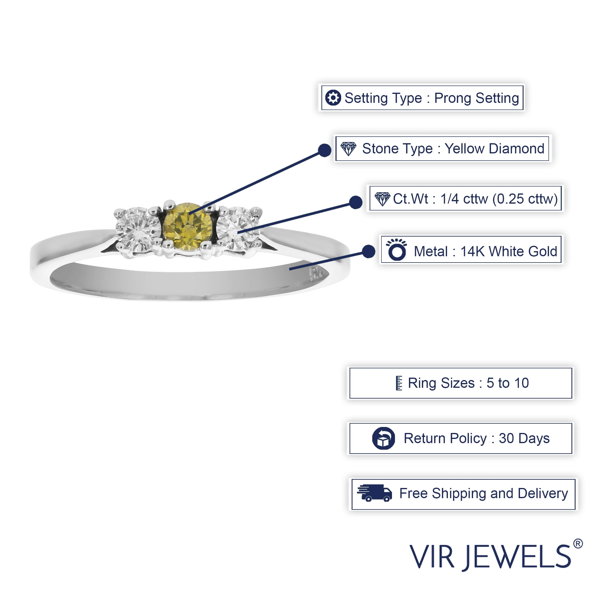 Vir Jewels 1/4 CTTW 3 Stone Yellow and White Diamond Engagement Ring 14K White Gold Size 7