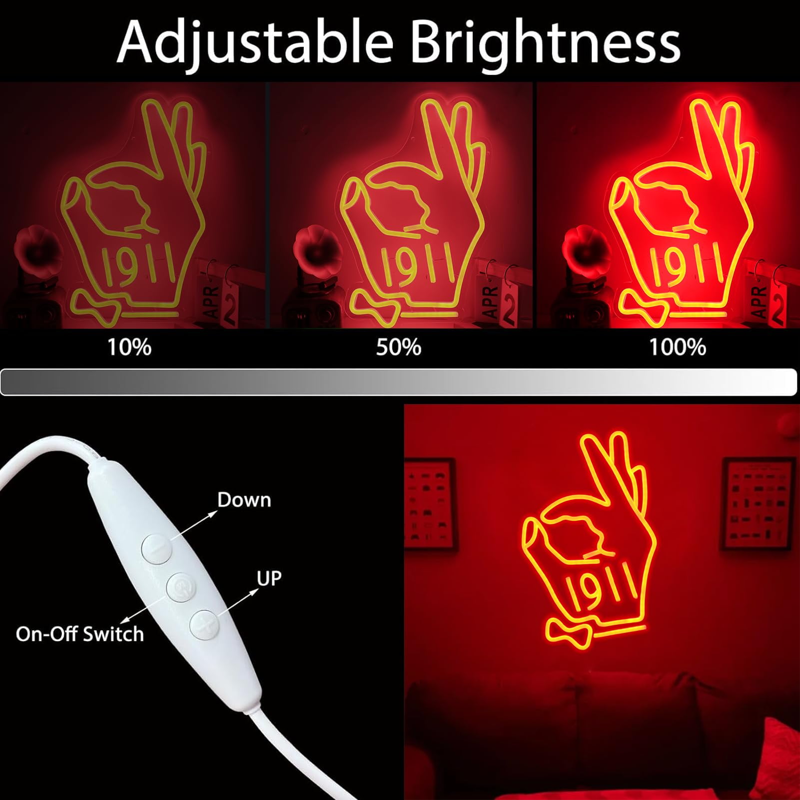 JFLLamp LED Neon Sign Hand Gesture Light Red Dimmable Wall Decor USB Powered Hanging Light for Room Dorm Decoration
