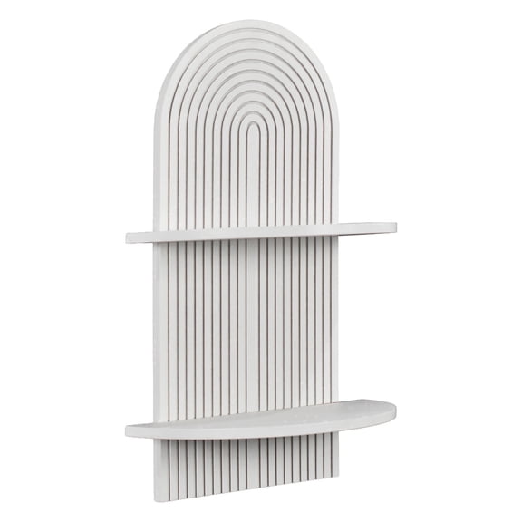 American Art Decor White Boho Arched Lunar Ledges Wall Shelf, Wooden 2-Tier Floating Bookshelf for Wall, Carved Fluted Arch Display Shelf for Bedroom Bathroom Kitchen Living Room Decor, 14" x 24"