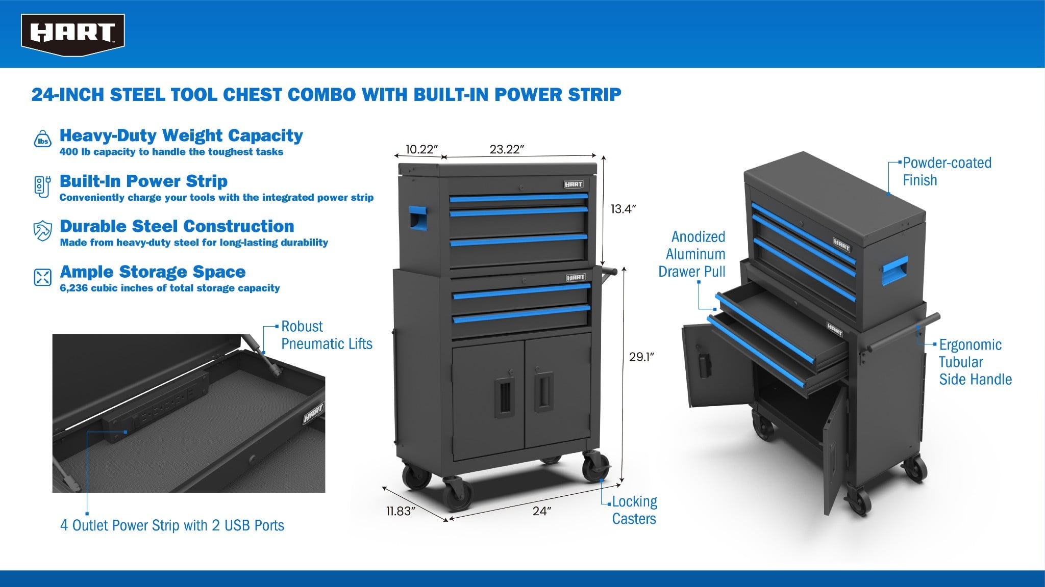 Hart 24-inch Steel Tool Chest Combo with Built-In Power Strip, 400 lb Capacity