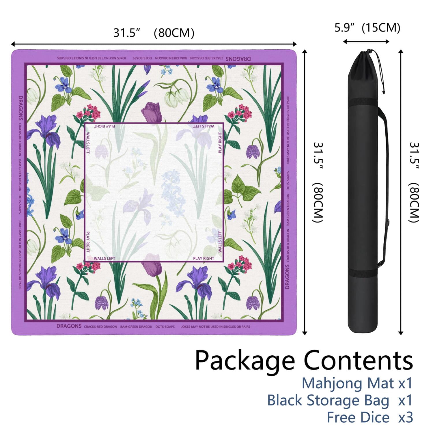 Floral Mahjong Mat with Rules, 31.5*31.5in Anti Slip American Mahjong Mat for Table, Noise Reduction, Neoprene Mah jongg Mats with Carrying Bag & 3 Dices, Mahjong Set Gift, Board Tile Games Mats