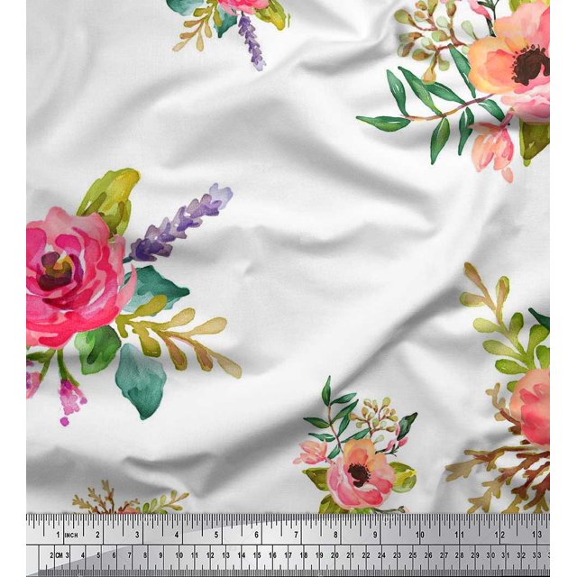 Soimoi polyester Crepe Fabric Leaves & Anemone Flower Decor Fabric Printed Yard 42 Inch Wide