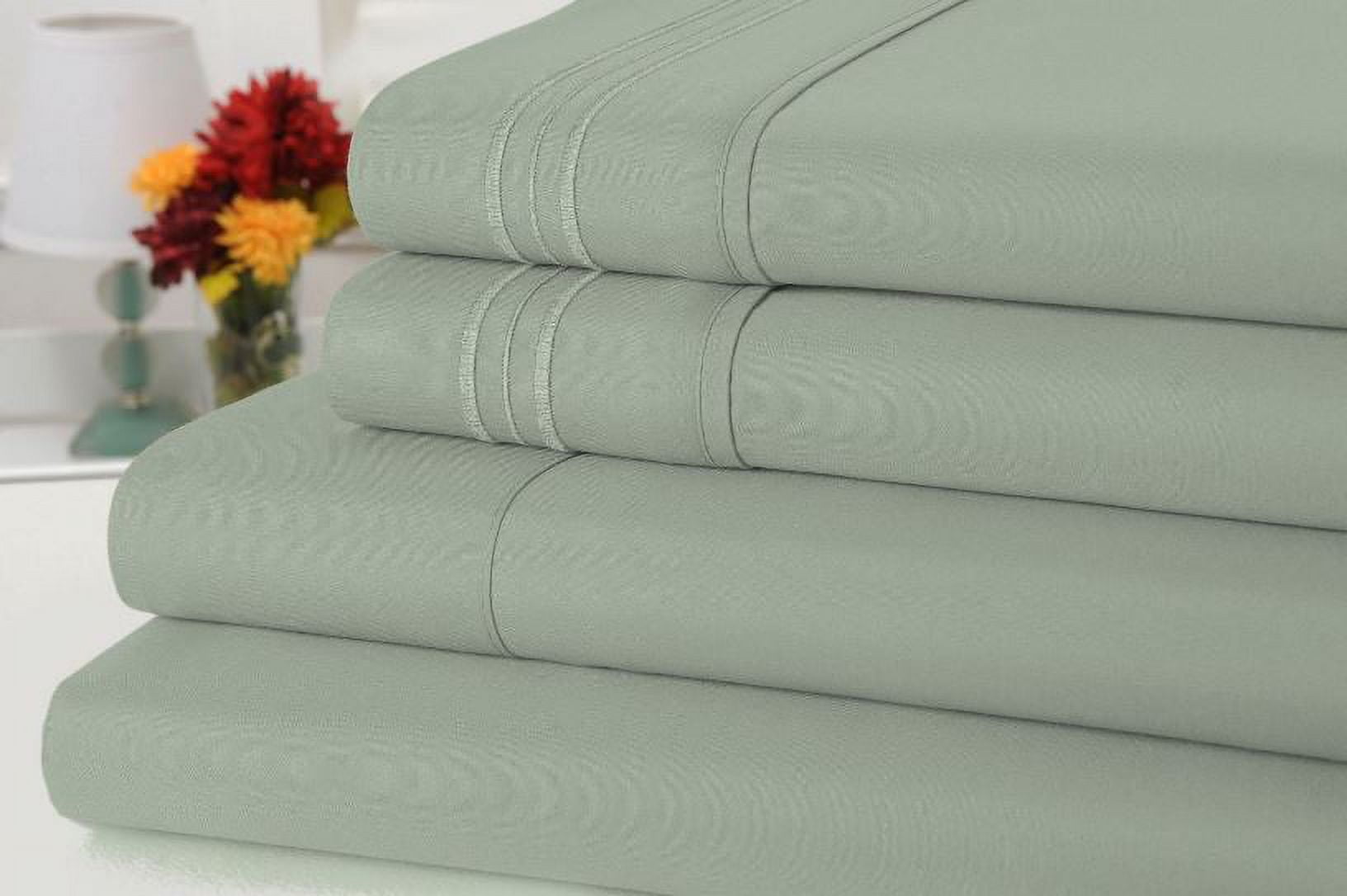 Rayon from Bamboo 4 Piece Luxury 3 Line Embroidered Sheet Set - 7 Colors - 3 Line - Sage - King