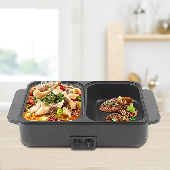 2-in-1 Electric Hot Pot with Grill, Non-Stick Pot & Griddle, 2L Hot Pot & 1L Frying Pan, for 1-5 People