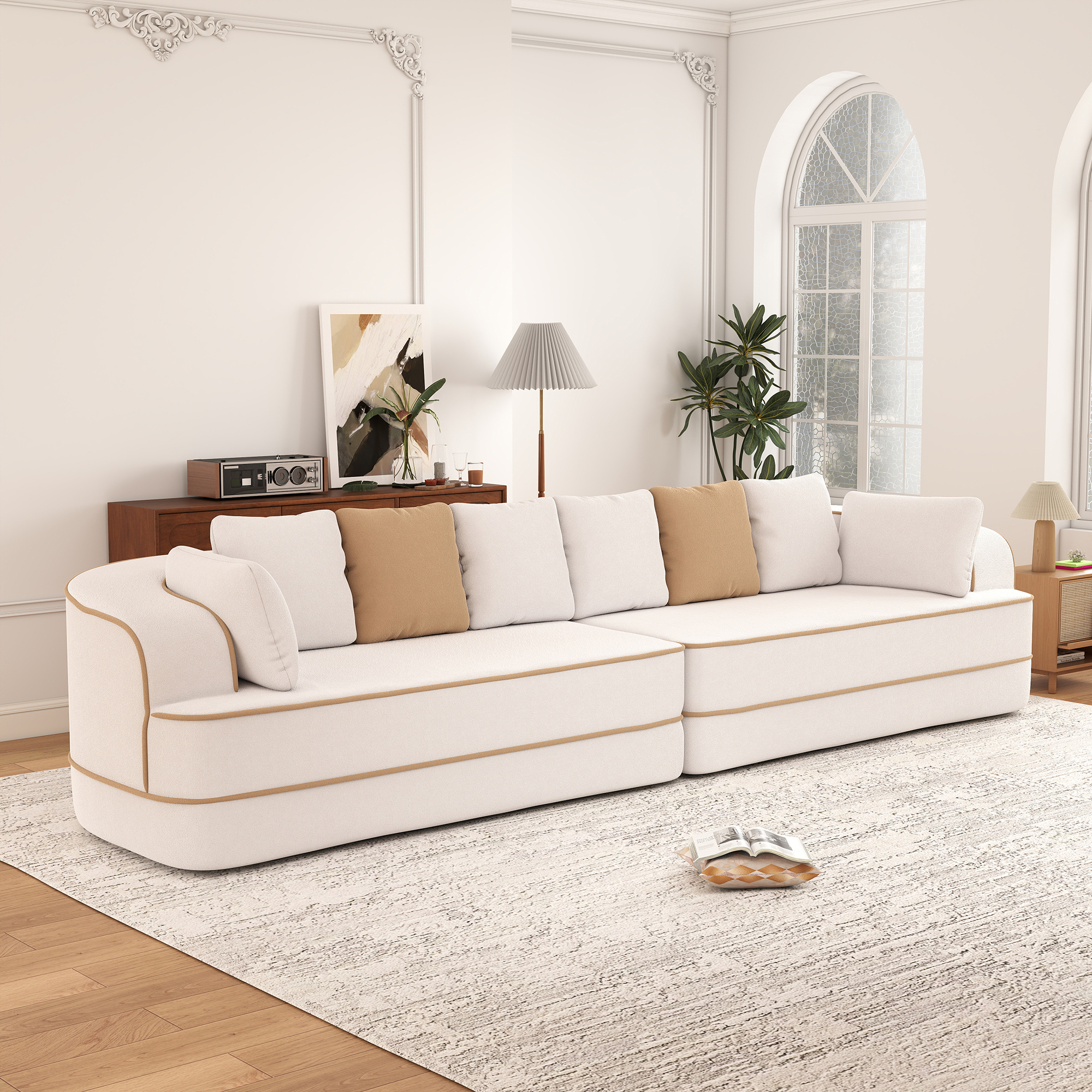 Aukfa 135" 4-Seater Modular Sofa for Living Room, 29" Deep Seat, Plush Teddy Velvet, White