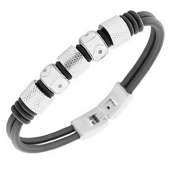 Stainless Steel Black Rubber Silicone Black Silver-Tone Men's Bracelet