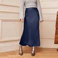 thumbnail image 2 of Women’s Satin Midi Skirt High Waist Side Slit Elegant Straight Fit Skirt Lightweight Silky Fabric Suitable for Daily Wear Dark Blue L, 2 of 6