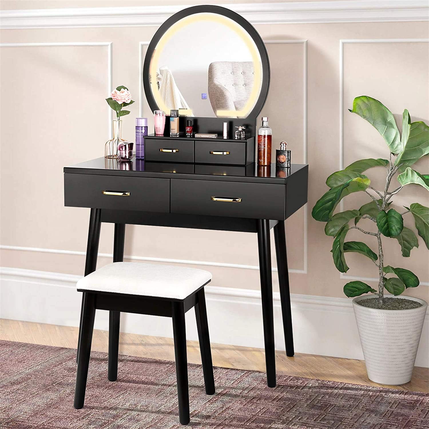 Amzdeal Vanity Set With Lighted Mirror, Black Vanity Desk With Lighted Mirror