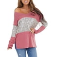 thumbnail image 2 of YWDJ Womens Tops Dressy Fashion Womens Popular Splicing Sequin V-Neck Casual Long Sleeve Tops Pink M, 2 of 9