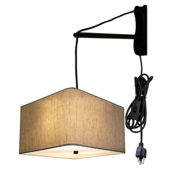 MAST Plug-In Wall Mount Pendant, 2 Light Black Cord/Arm with Diffuser, Rounded Corner Square Oatmeal Drum Shade 16"W
