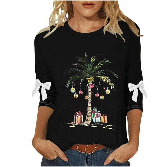 Fewfanhot Womens Tops Christmas Palm Tree Shirt Pullover for Women Funny Merry Christmas Xmas Holiday 3/4 Sleeve T-shirt Large Loose Top