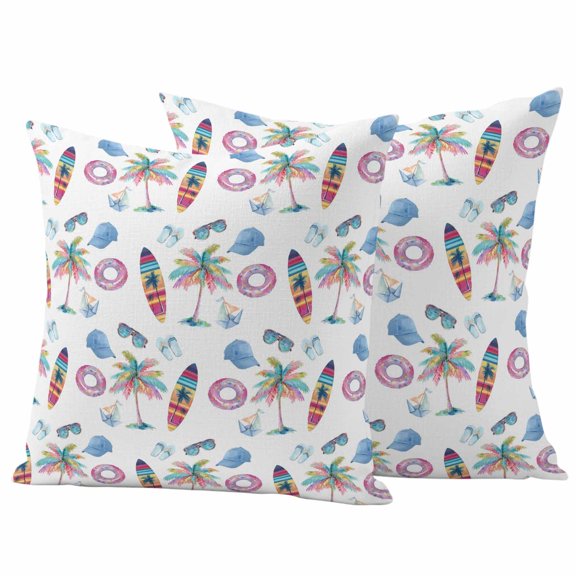 Outdoor Throw Pillows Covers 18x18inx2 Set Of 2 Waterproof Summer Beach Decorative Zippered Cushion Covers for Patio Furniture, Modern Coastal Coconut Trees Surfboards Lumbar Pillowcases