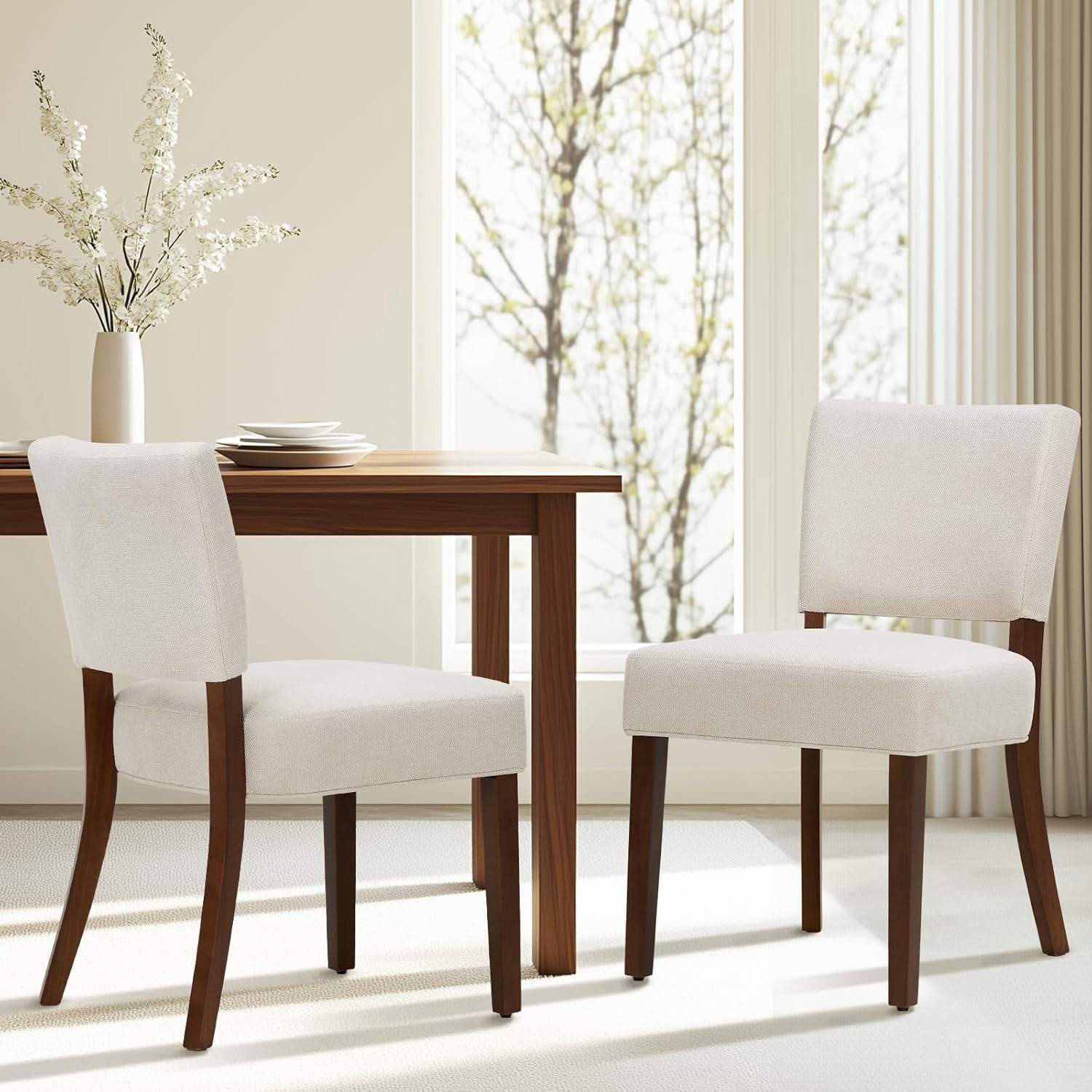 Mid Century Modern Dining Chairs Set of 2, Upholstered Kitchen Chairs with Back, Farmhouse Fabric Side Dining Room Chairs with Wood Legs for Dining Room Kitchen Restaurant, Beige