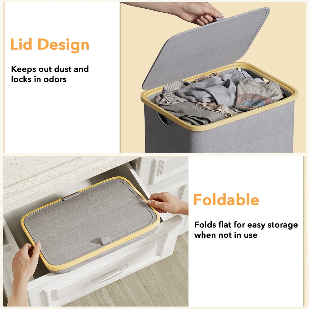 PLUMEBAY 110L Laundry Hamper with Lid, Large Foldable Clothes Basket with Bamboo Handles, Tall Fabric Hamper for Bedroom, Bathroom, Dorm, Grey