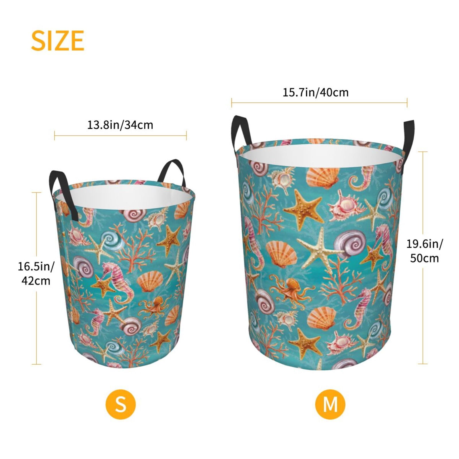 Large Laundry Basket with Handles - Starfish Seahorse Scallops Kids Baby Dirty Clothes Laundry Hamper for Bedroom Aesthetic