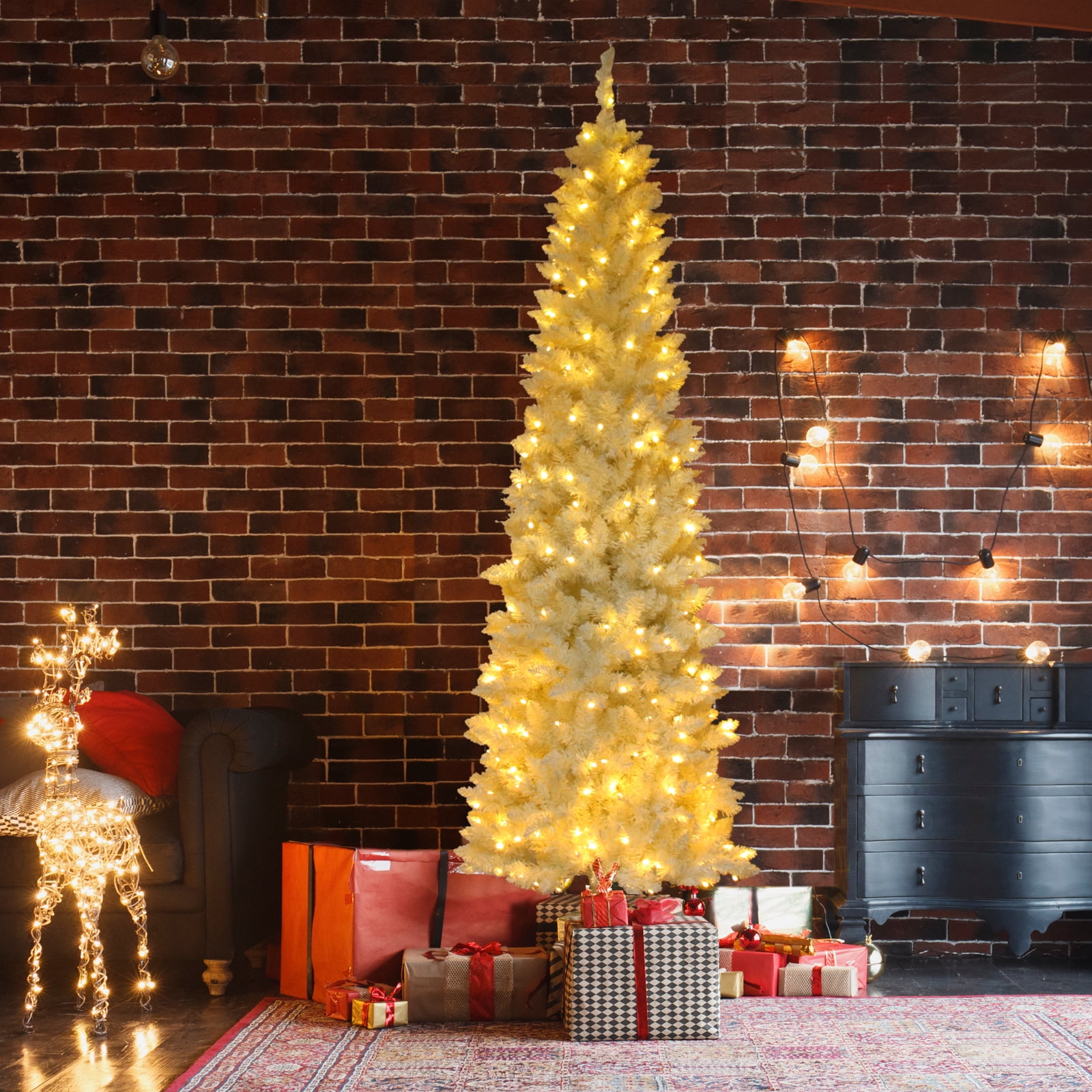 Private Jungle 7.5Ft Snow Flocking Tied Light Christmas Tree PVC for Holiday Decorations - White