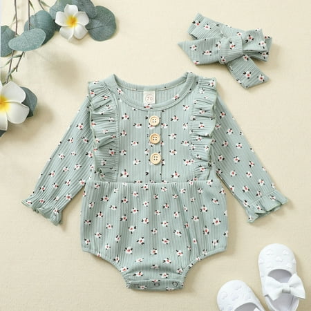 

RPVATI Baby Girls Ruffle Bodysuit Floral Printed Long-Sleeve Cotton Bodysuits Infant with Headband Summer Clothes
