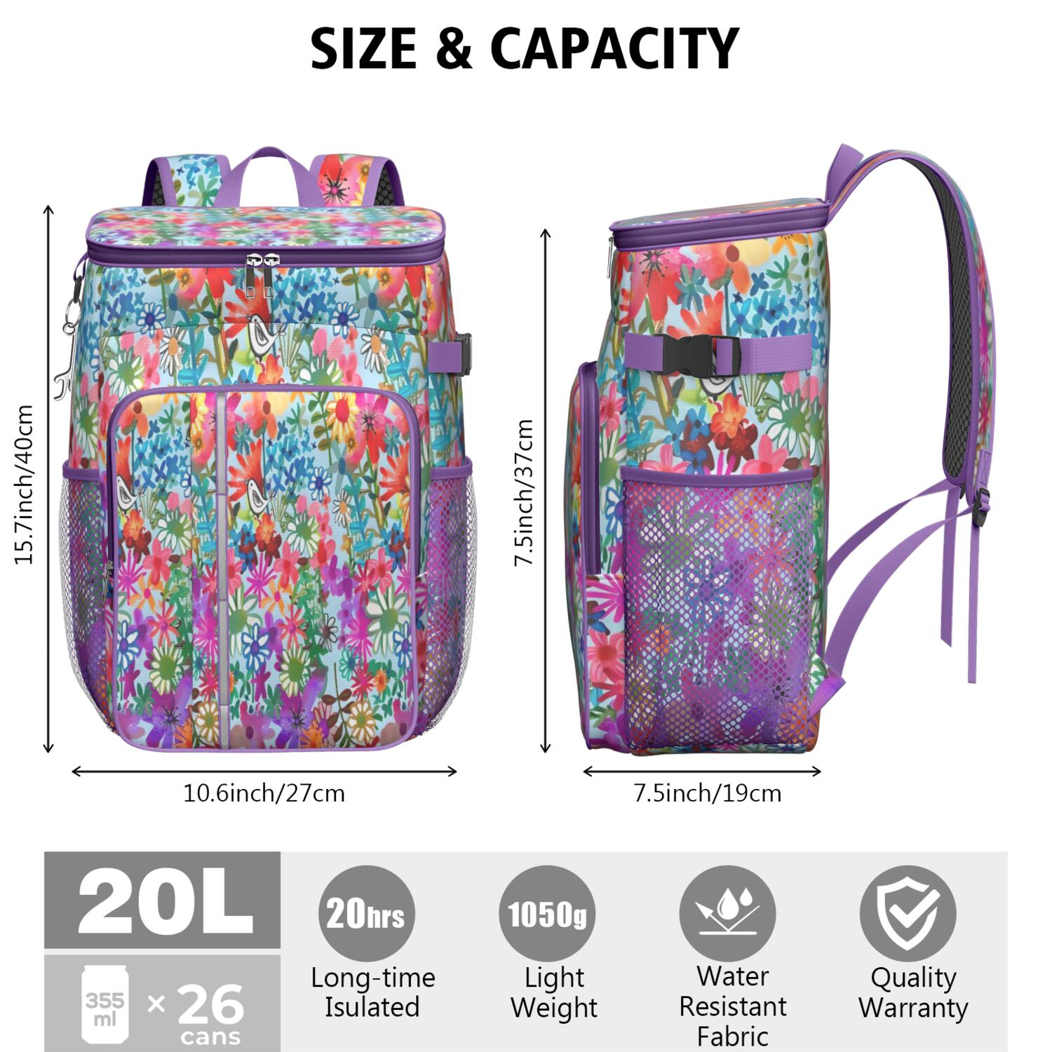 Travel Cooler Bag - Pioneer Flower Floral Print Pattern Camping Beer Cooler Backpack with Bottle Opener- Waterproof Insulated Picnic Backpacks - Cooler Bag for Beach