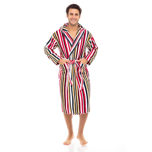 Men’s Luxury Terry Cotton Hooded Bathrobe Spa Robe Bath Robes Stripes