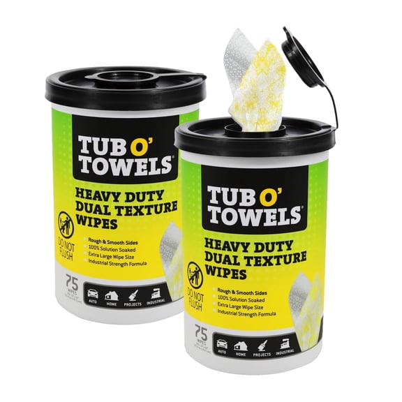 Tub O Towels TW75 Heavy-Duty 10" x 12" Size Multi-Surface Cleaning Wipes, Dual Texture, 75 Count Per Canister, 2 Pack