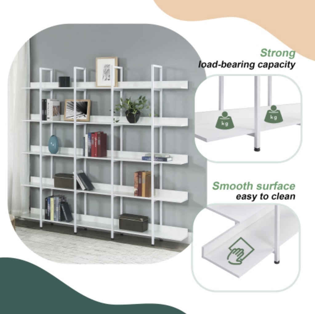 5-Tier Industrial Bookcase, Vintage Open Bookshelf with Metal Frame & MDF Shelves, 80 Lbs Per Shelf, Freestanding Display Storage Rack for Living Room & Home Office, White