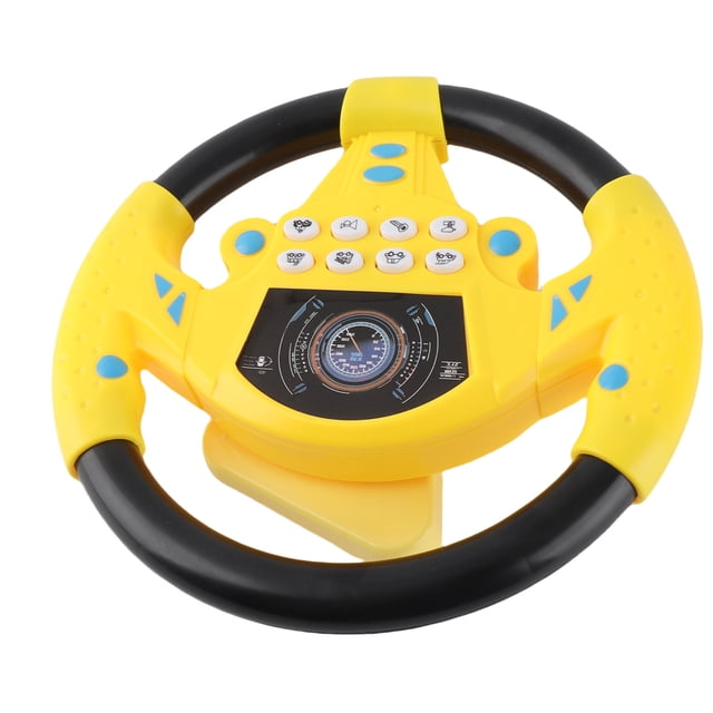 juguete del volante, juguete inteligente para niños para automóvil para bebés copilot educativo música música música para niños Amarillo: vista frontal centrada de volante de juguete de plástico, aro negro con empuñaduras amarillas texturizadas, consola central amarilla con varios botones blancos con iconos de música y sonidos, dial impreso tipo velocímetro y base con ventosa; aprox. 21 x 3.5 x 21 cm; especificaciones indican uso para estimular movimiento corporal y auditoría sensorial en niños.