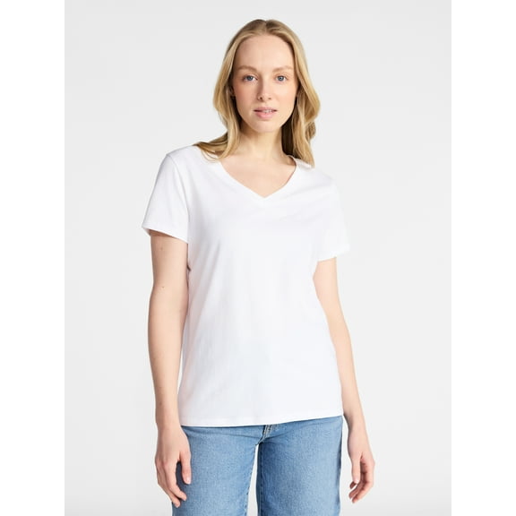 Time and Tru Women's Cotton V-Neck Tee with Short Sleeves, Sizes XS-4X