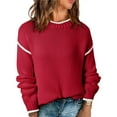 thumbnail image 3 of Women Crewneck Sweaters Long Sleeve Knit Pullover Sweater Casual Fall Tops Red XL, 3 of 8