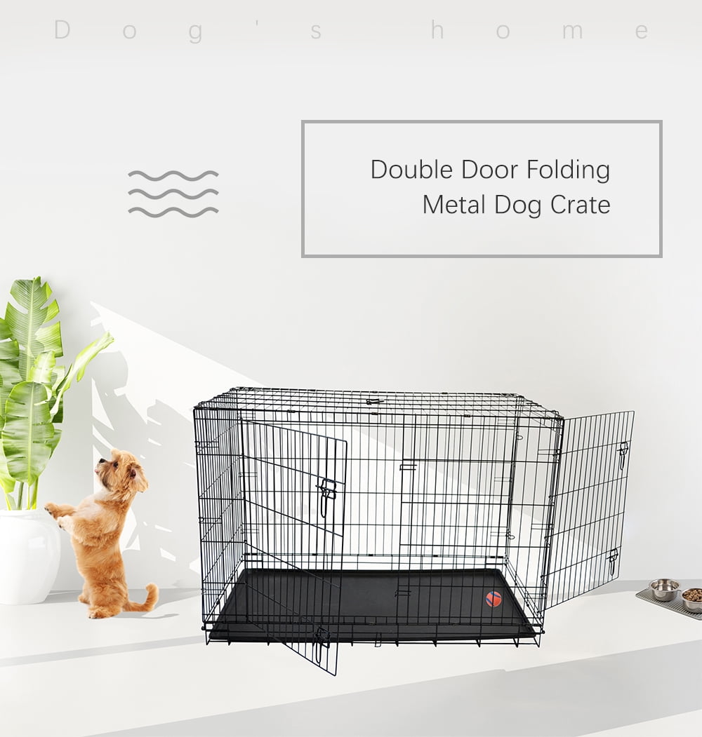 Dog Crate Double Door Folding Metal Dog Cage Plastic Tray Pet Crate Pet