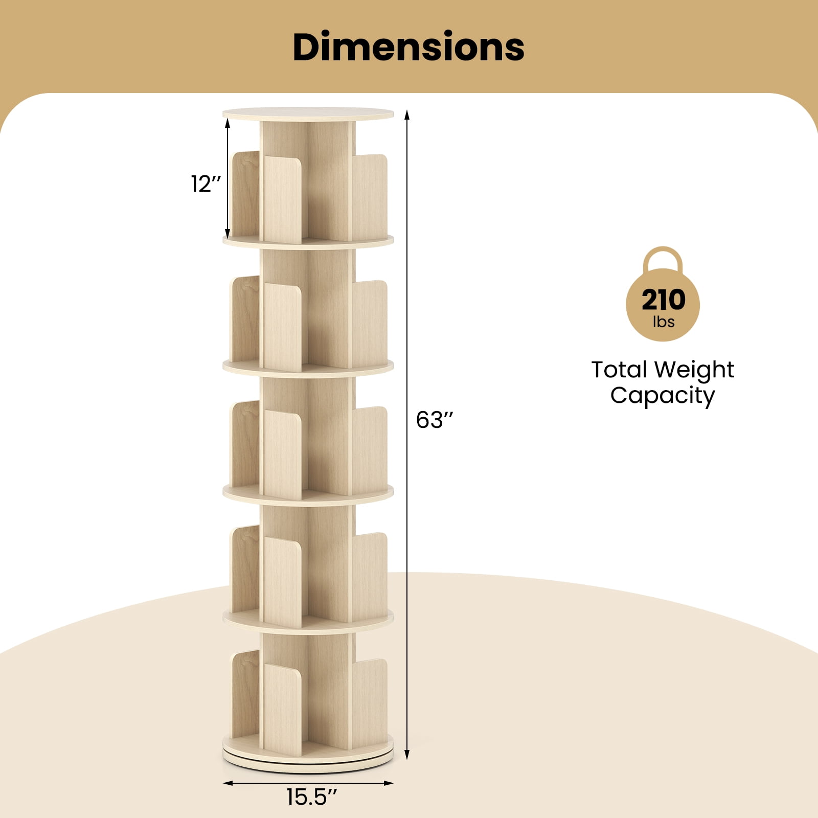 Costway 1 PCS 5-Tier Rotating Bookshelf 360° Display Rack with Dividers & Anti-falling Baffles Natural