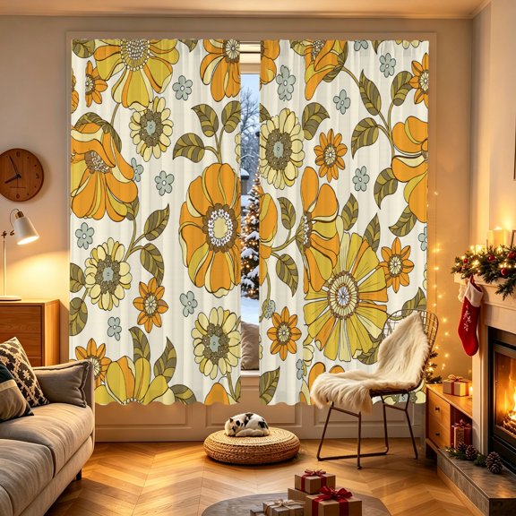 1/2pcs Beige Allover Yellow Wildflower Printed Window Curtain, 53.9x17.7/27.5x39.3/27.5x59 inch, Polyester, Breathable, Indoor Household Decor