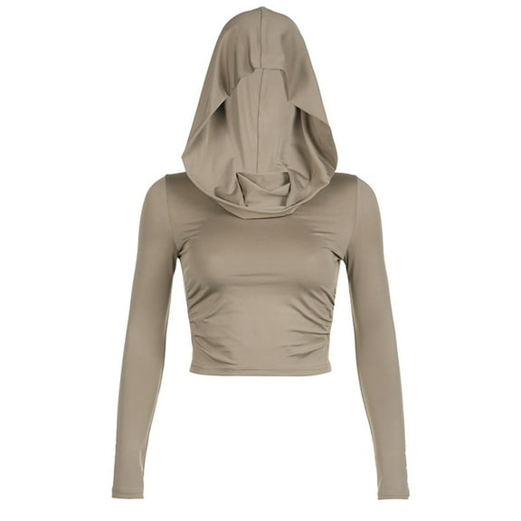 Casual Sophisticated Women's Bare Shoulder Cowl Neck Hooded T-Shirt Long Sleeves Solid Color Ruched Bodycon Crop Top