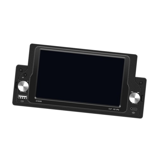 estéreo de coche,estéreo para automóvil bt de 7 pulgadas,portátil y profesional,conjunto de piezas de repuesto para inalámbrico fm multimedia para automóvil,accesorios para — Vista frontal centrada de estéreo para automóvil con pantalla táctil capacitiva de 7 pulgadas 1024x600 en chasis metálico texturizado negro; perillas giratorias plateadas a ambos lados, puerto USB y controles laterales visibles, pantalla apagada sobre fondo blanco. Unidad adecuada como repuesto multimedia con conectividad BT y radio FM.